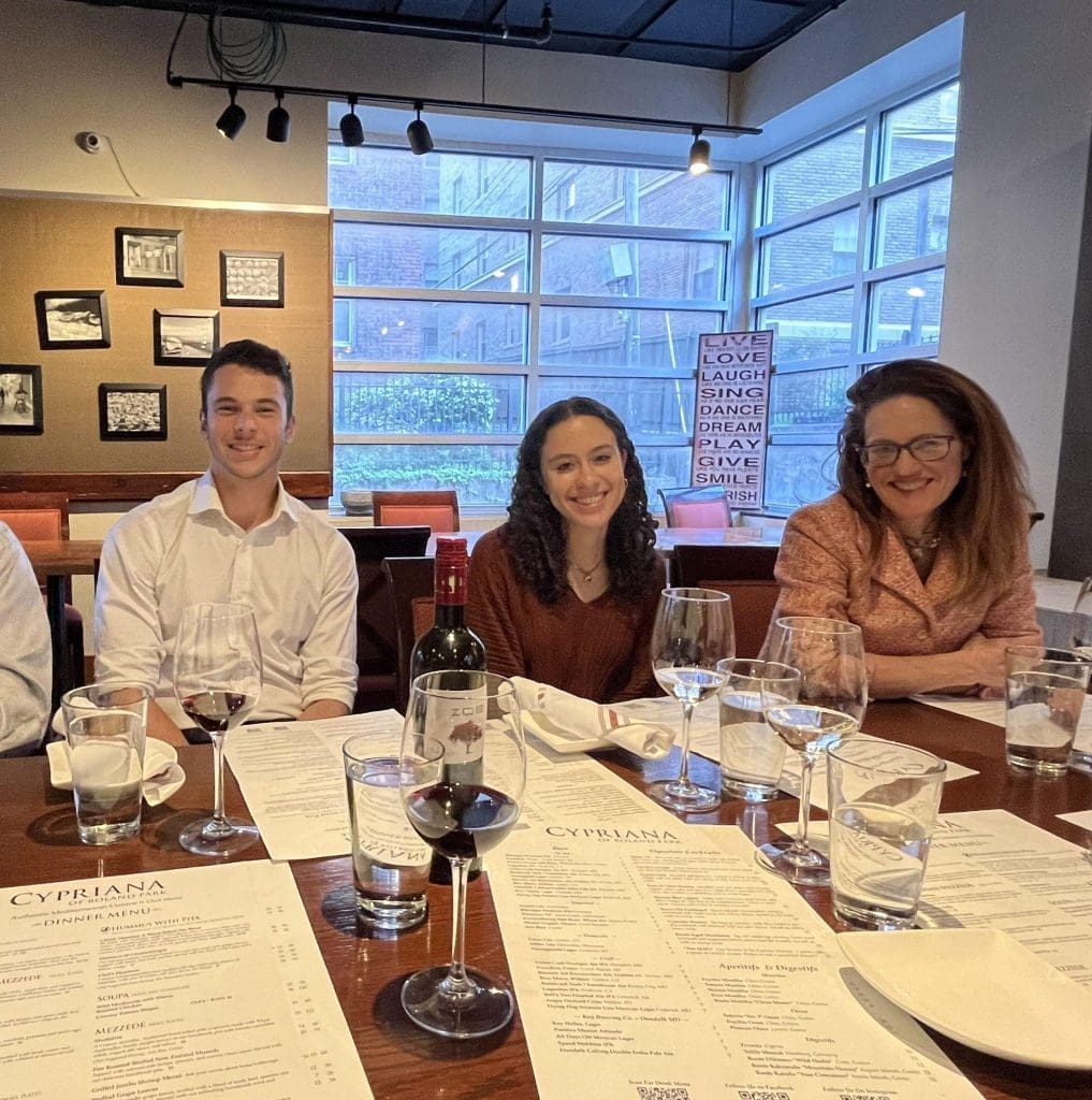 Senior Thesis writers and their advisors went to dinner to celebrate the end of the school year, April 2023. (Pictured left to right are Benjamin Schlesinger, Hanan Abdellatif, and Dr Sarah Pearsall)