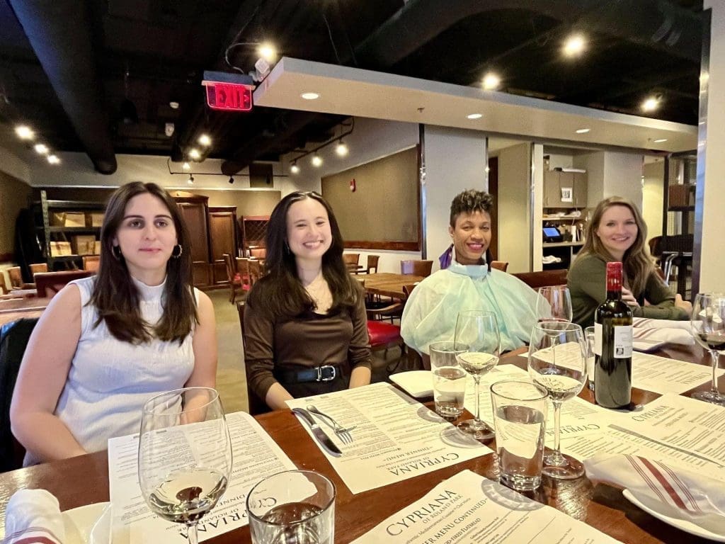 Senior Thesis writers and their advisors went to dinner to celebrate the end of the school year, April 2023. (Pictured left to right are Jane Slaughter, Jessica Shaffer, Dr Sasha Turner, and Dr Victoria Harms.)